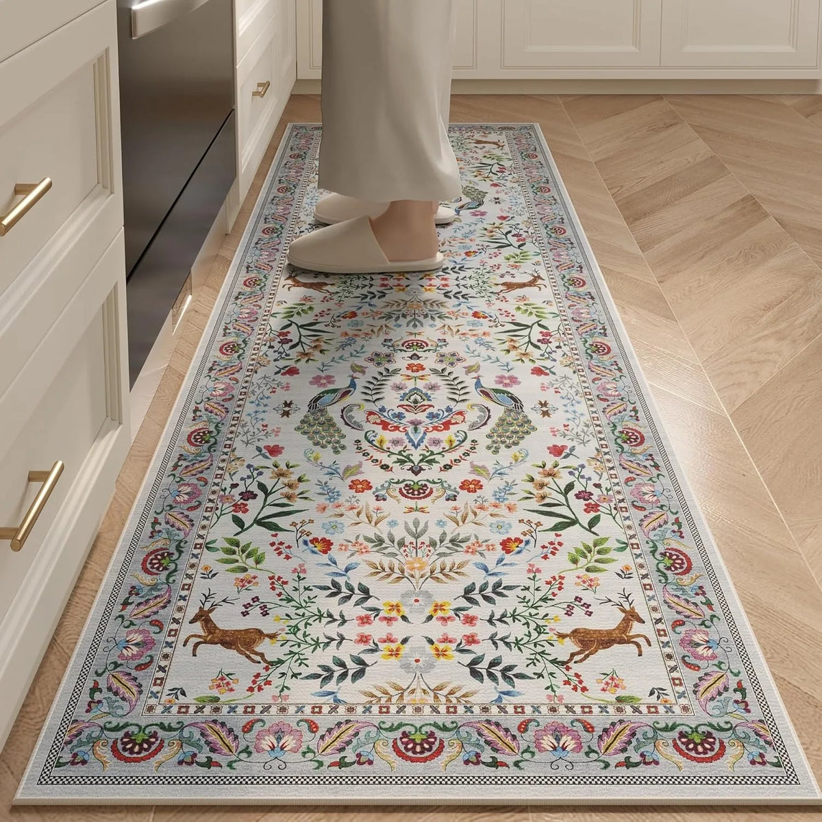 Wilton Floral Non-Slip Kitchen Runner Rug – Machine Washable, Water-Blocking, Soft Fleece, Rectangle Mat for Hallway, Laundry