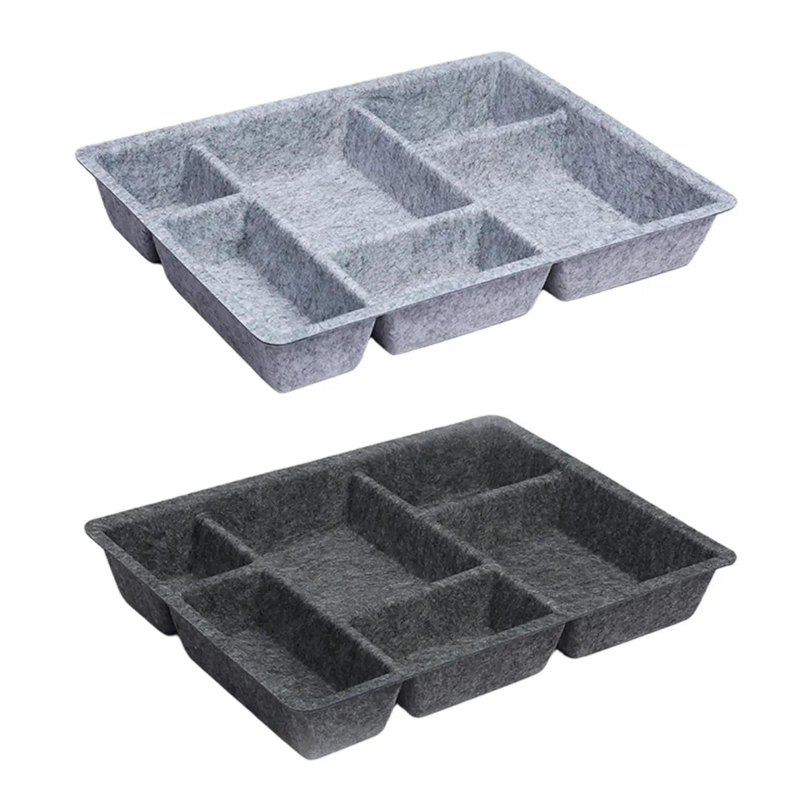 Two rectangular felt drawer organizer trays in light and dark gray, each with six compartments