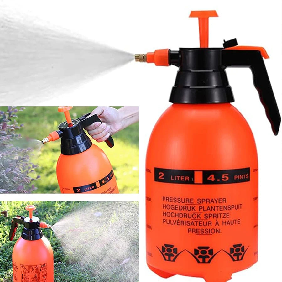 Orange plant sprayer showing water mist and handheld use for outdoor plant care