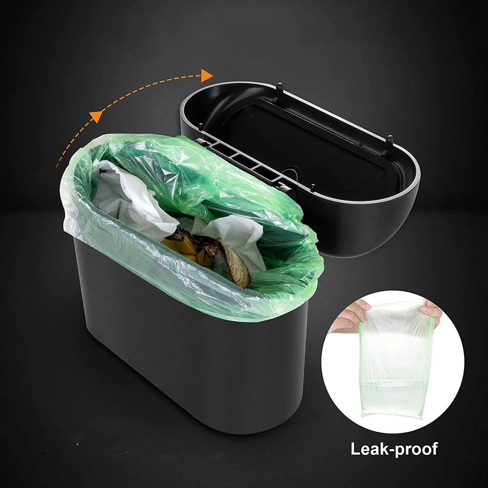 Mini car trash can lined with a green bag, with a detail showing the bag is leak-resistant