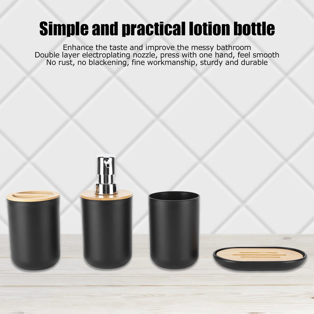 Black bathroom accessory set arranged on countertop with text explaining the lotion bottle feature