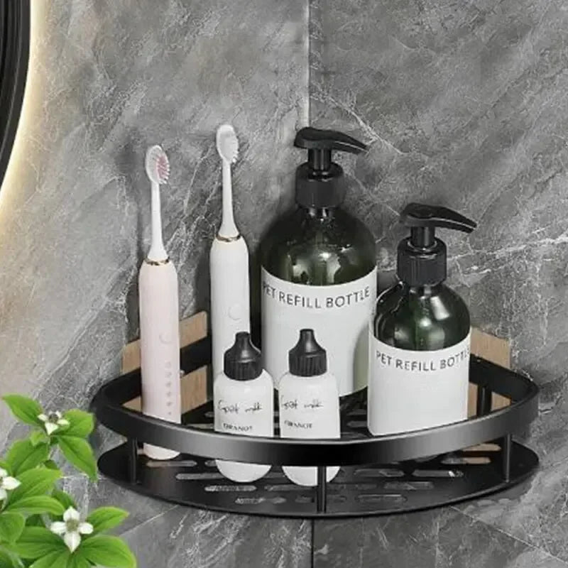 No-Drill Black Aluminum Corner Bathroom Shelf