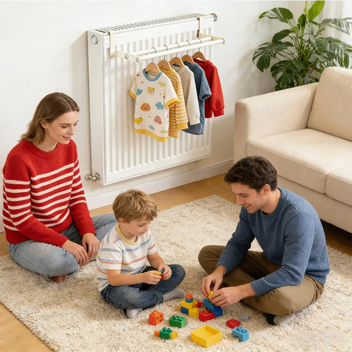 Radiator drying rack in family living room used to hang multiple children's clothes