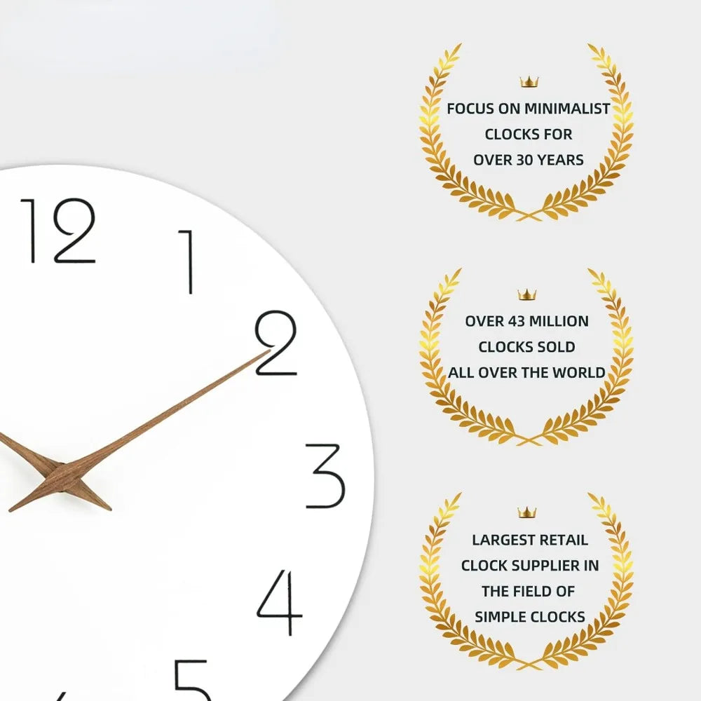 Minimalist wall clock promotion graphic with gold wreaths and clock features