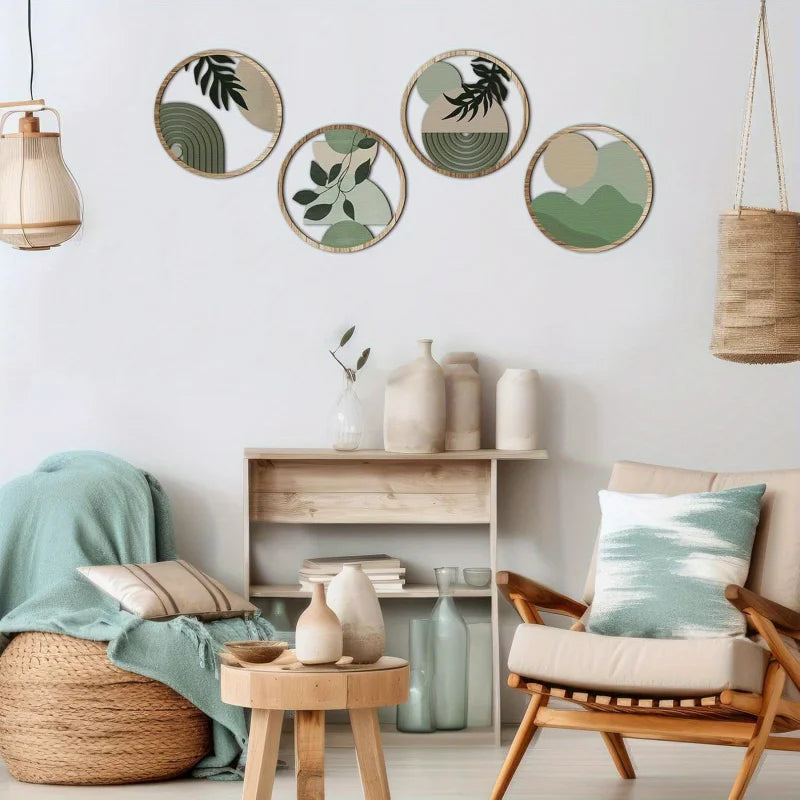 Four wooden geometric wall art panels arranged above a light cozy living room setup