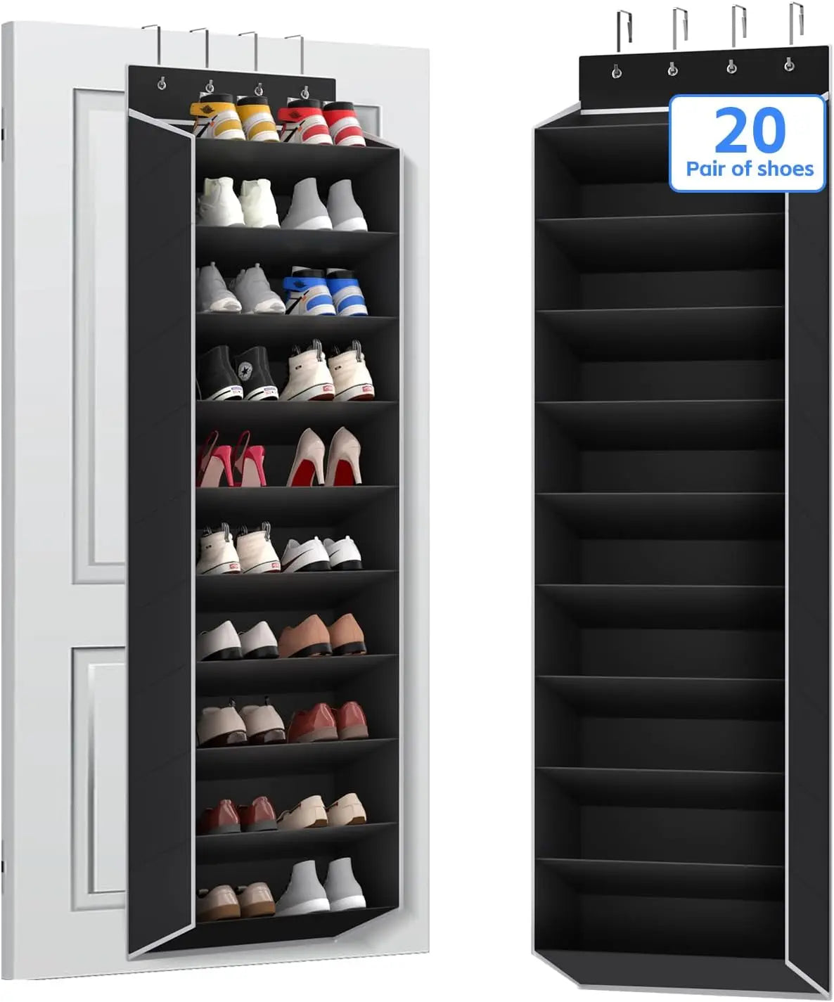 Black over-the-door shoe organizer with ten shelves, filled and empty, hanging on a white door