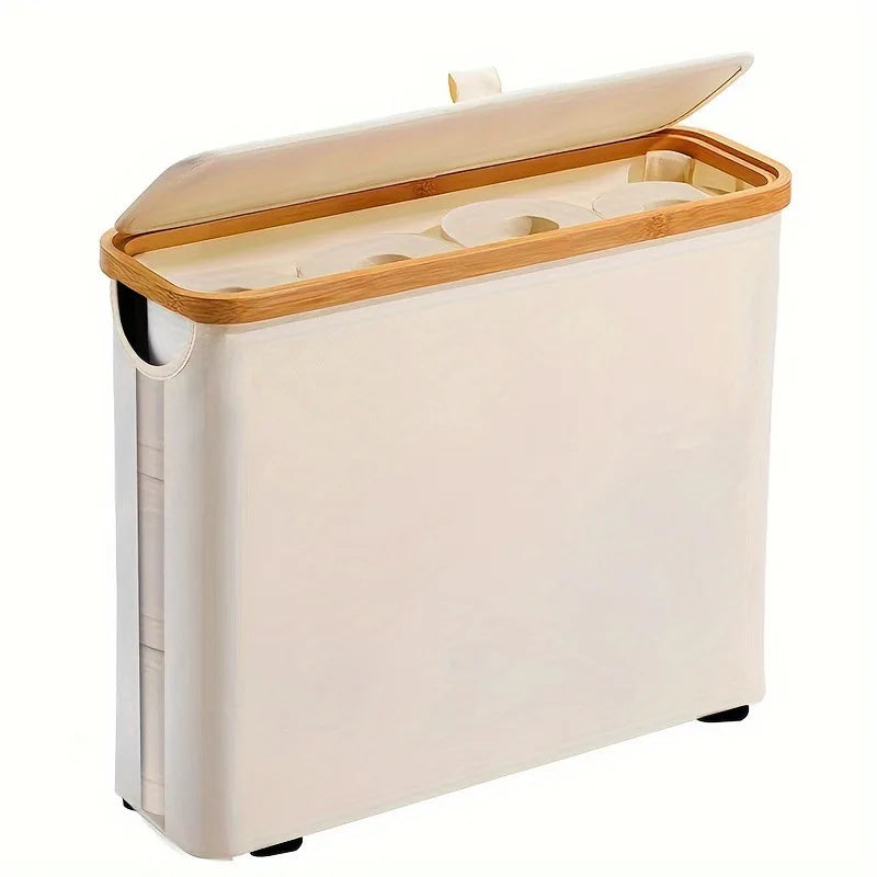 Slim Foldable Bathroom Storage Bin with Lid, Bamboo Frame & Fabric Sides – Holds 12 Toilet Paper Rolls or Laundry in Black, Light Grey