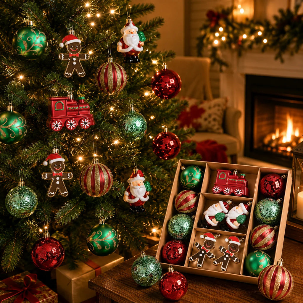 Red, green, and gold Christmas tree ornament set with Santa, train, gingerbread figures and baubles displayed on a tree in a cozy living room