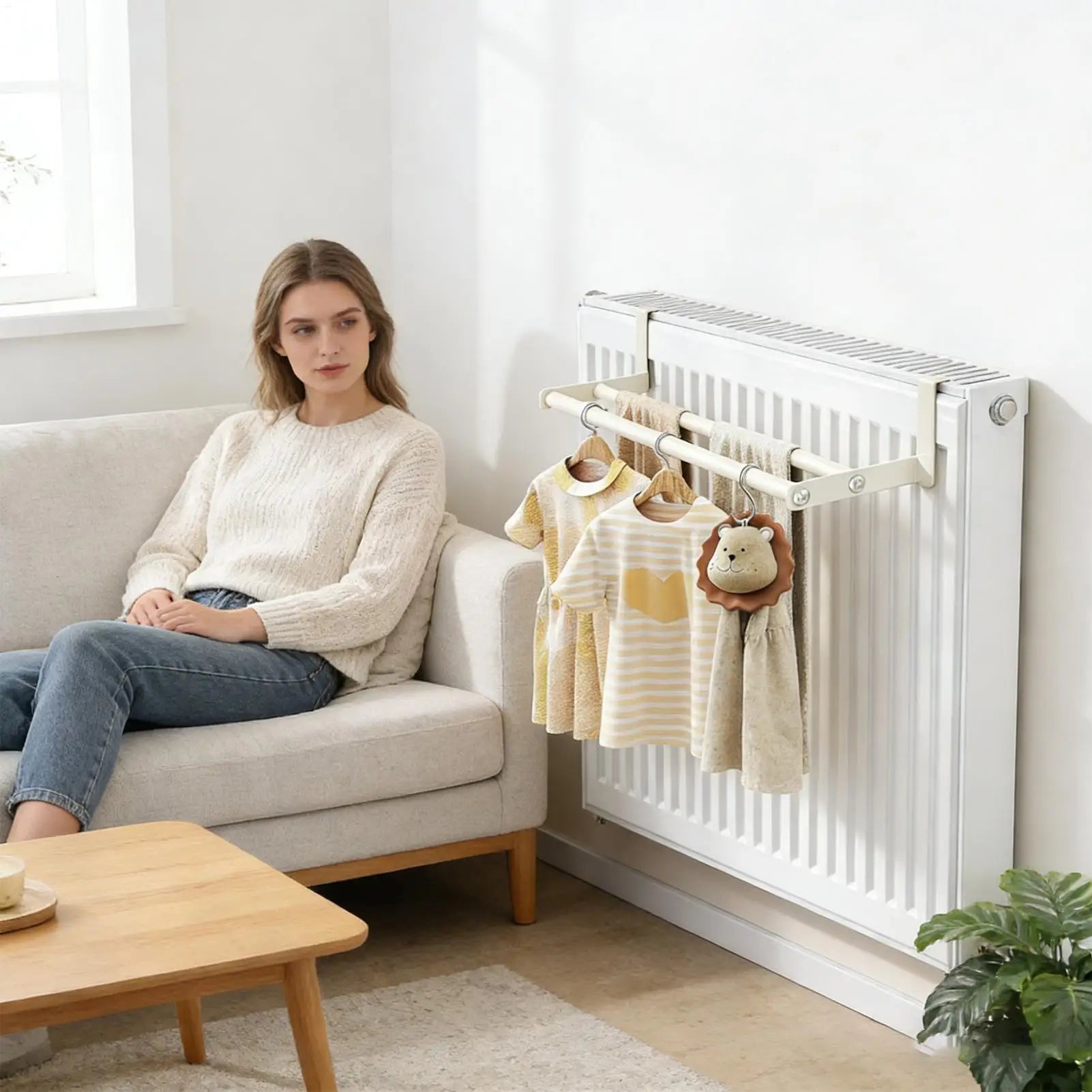 Woman seated on sofa with wall-mounted radiator clothes airer in living room holding towels and children's items