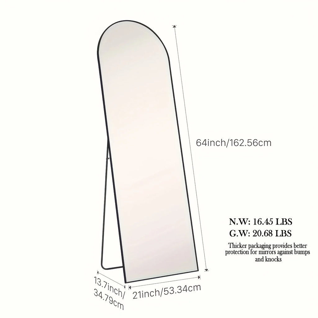 Arched floor mirror with annotated height and width measurements on a plain background