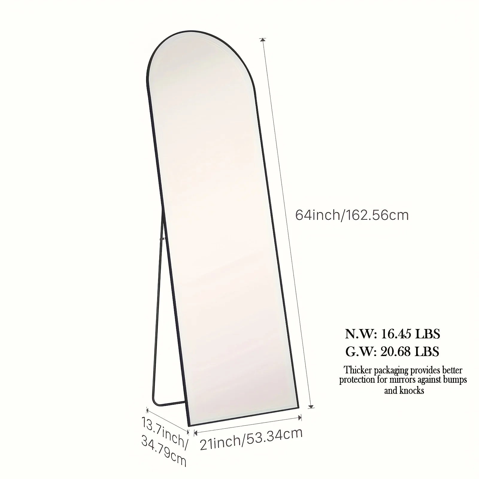 Arched floor mirror with annotated height and width measurements on a plain background