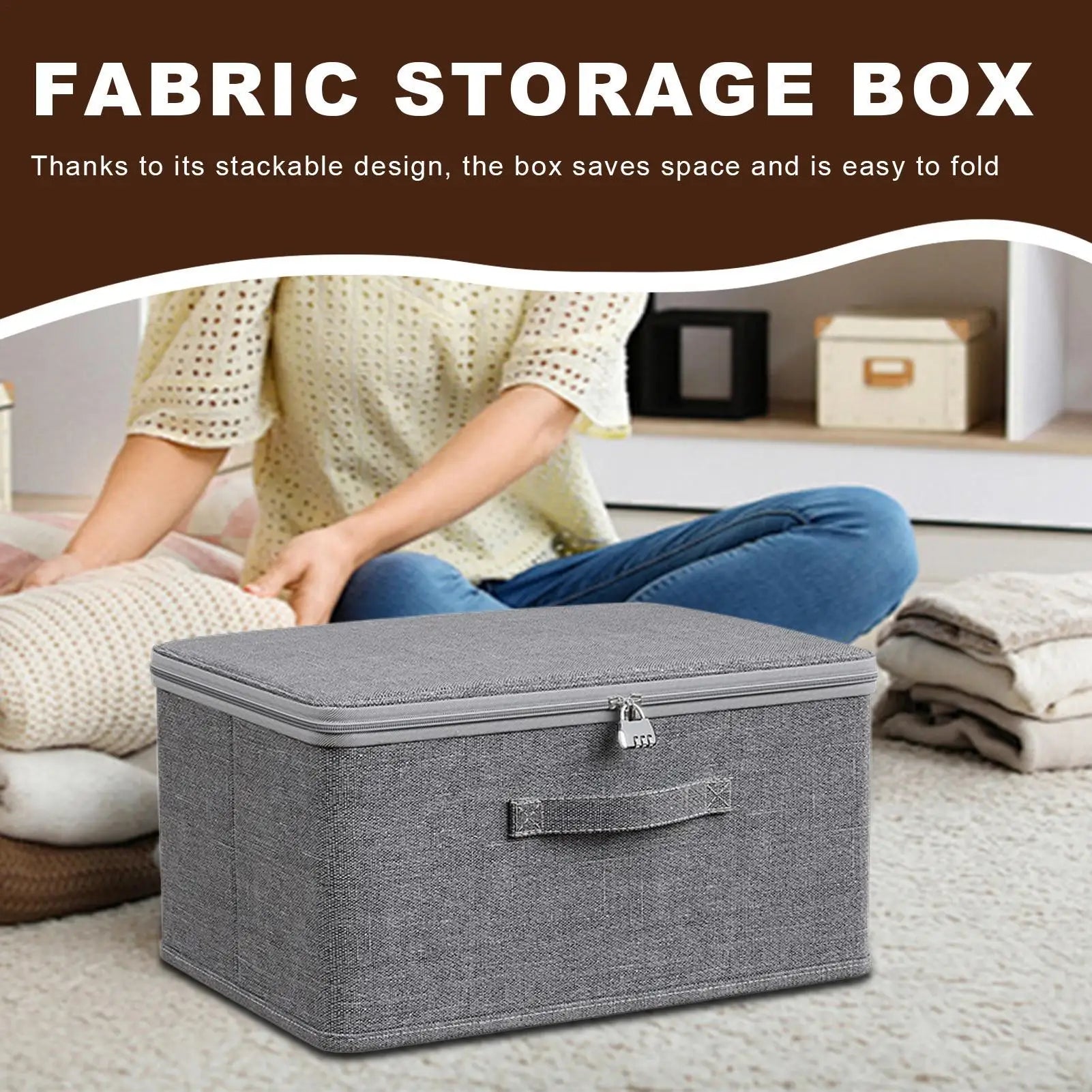 Grey lockable fabric storage box in a cozy bedroom with folded laundry and storage shelf