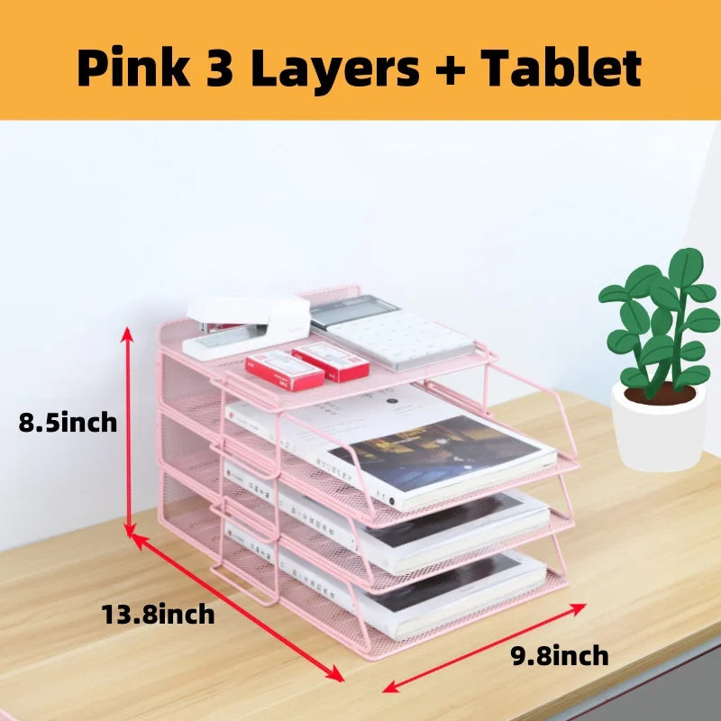 Mesh Metal Desk Organizer with Multi-Tier Paper Trays and Pen Holder