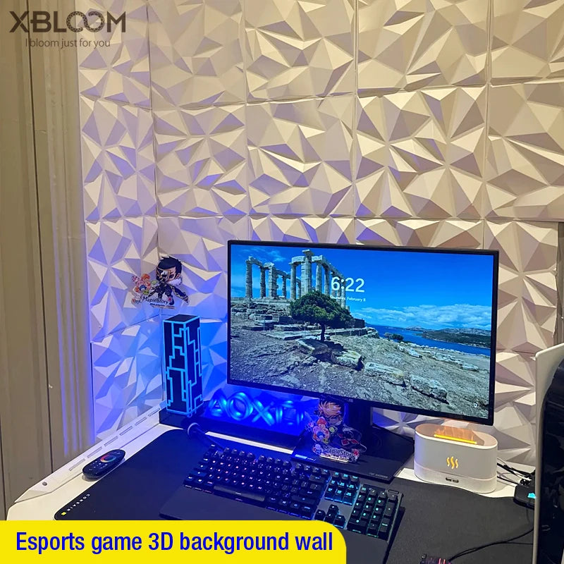 White 3D geometric wall panels used as a creative desk background