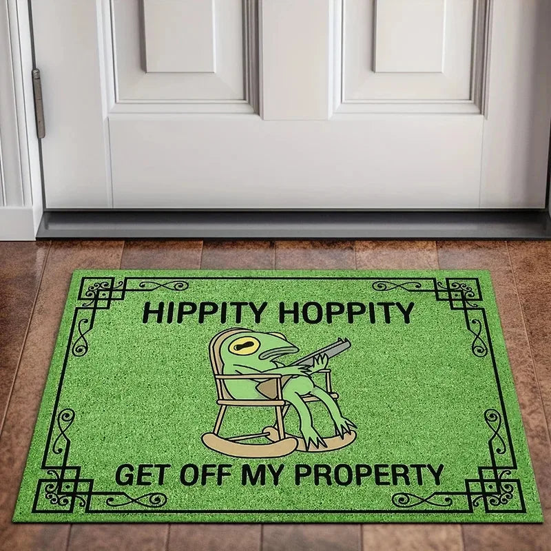 Green frog entryway doormat with playful text at front door