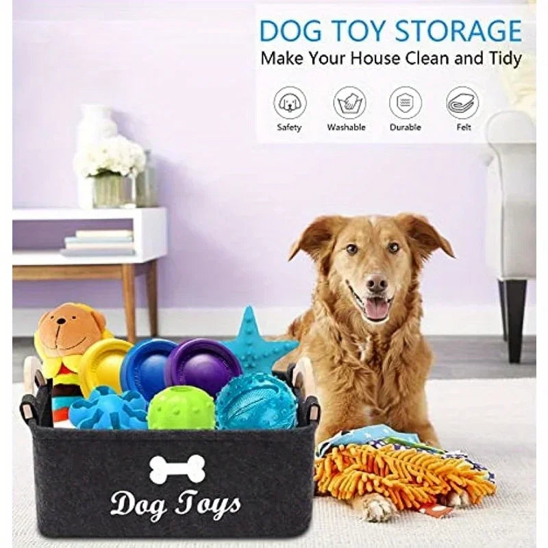 Felt Dog Toy Storage Basket with Handles for Living Room or Entryway