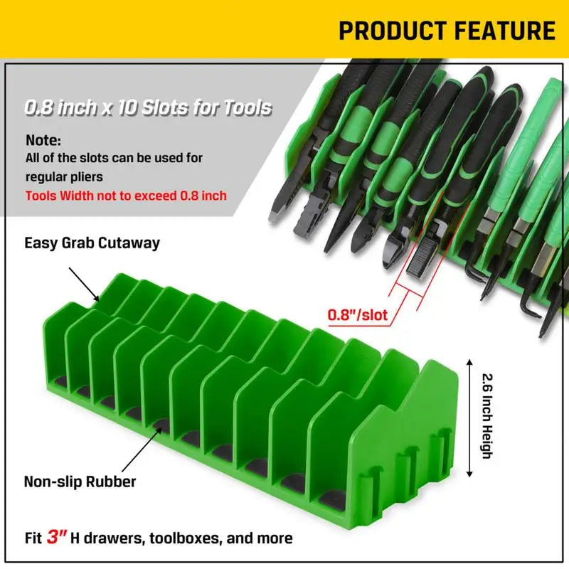close-up of green pliers rack showing slot width and non-slip features