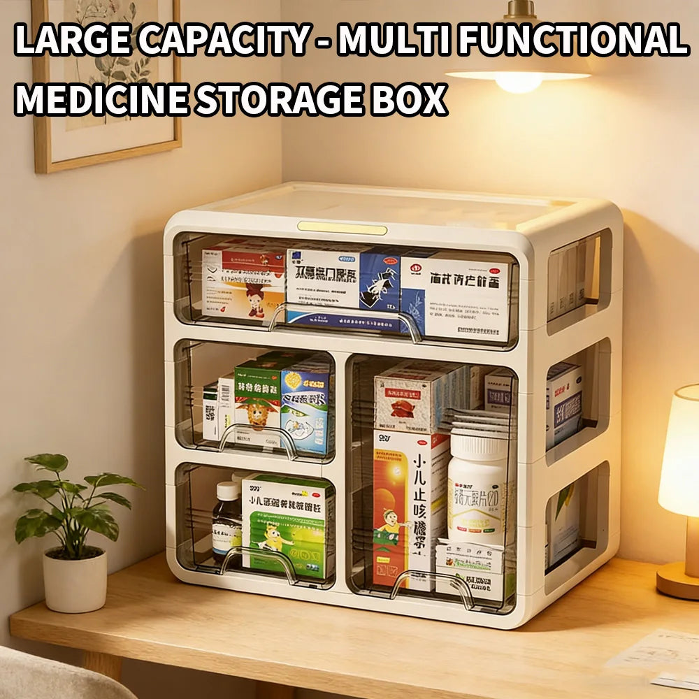 Multi-layer medicine drawer organizer box on bedside table with medicines inside