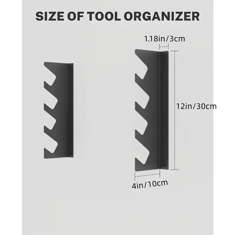 Metal tool rack brackets shown with size measurements of 12 inches tall by 4 inches wide