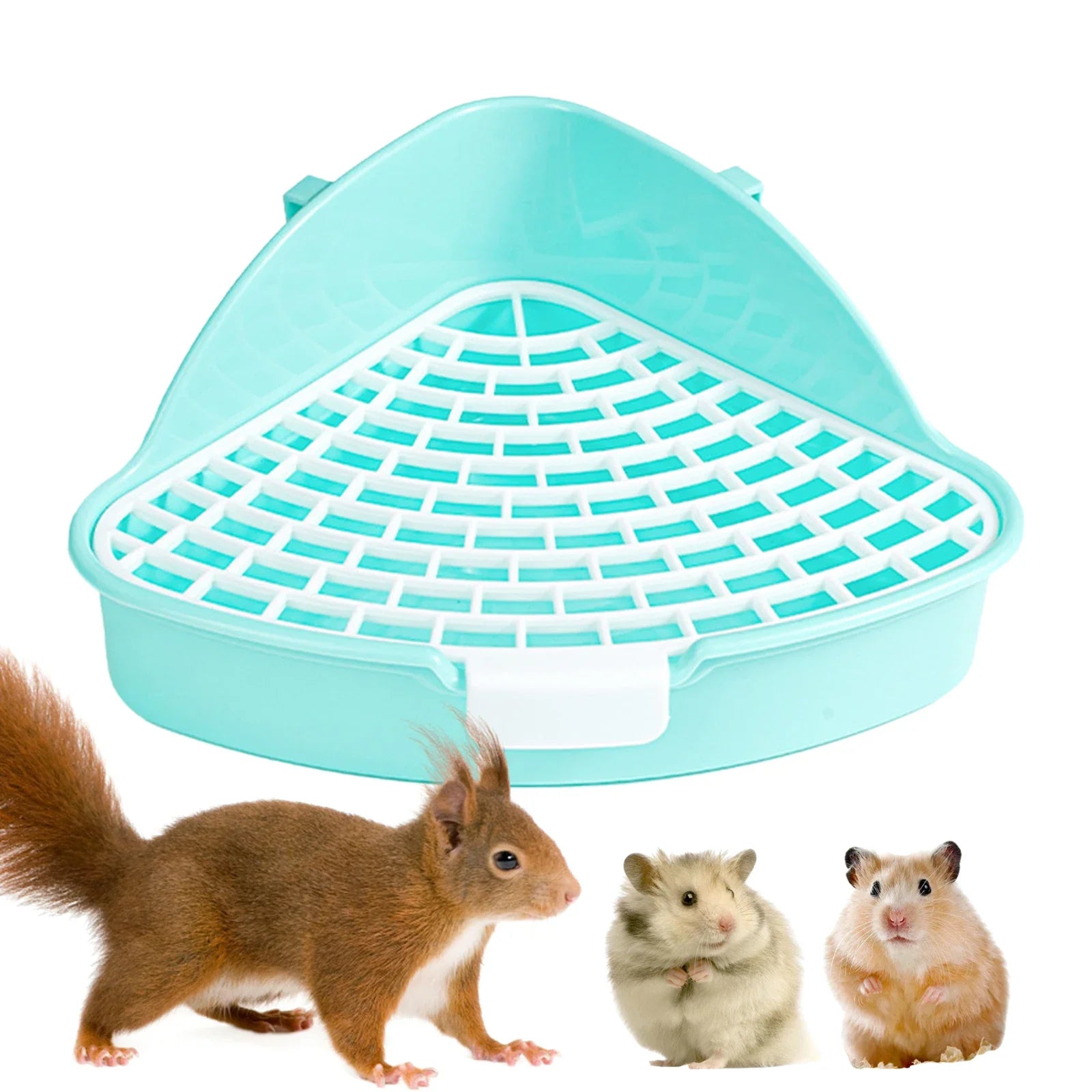 Blue corner litter tray with small animals displayed in front