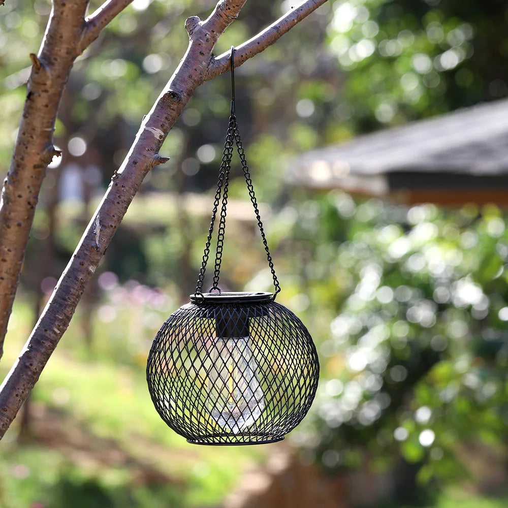 solar mesh outdoor lantern hanging from a tree in daylight