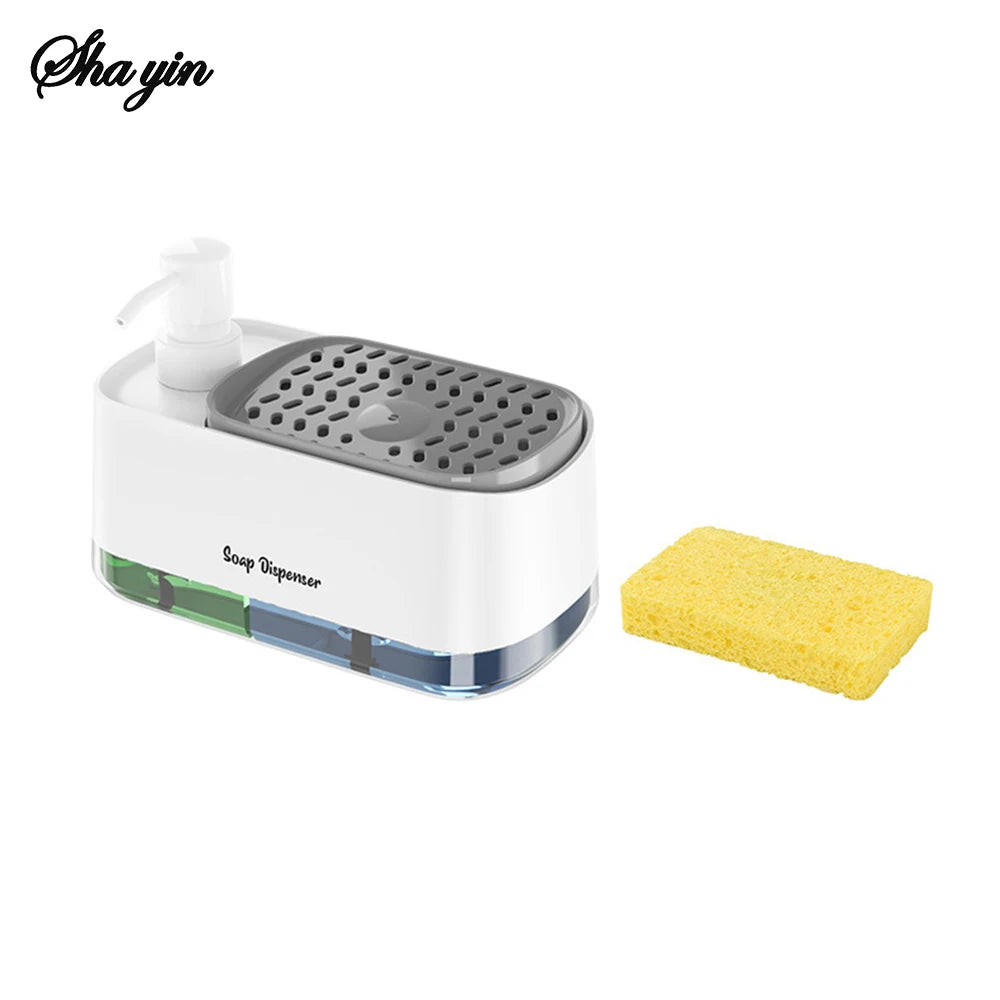 White soap dispenser set with gray sponge tray, next to a yellow cleaning sponge