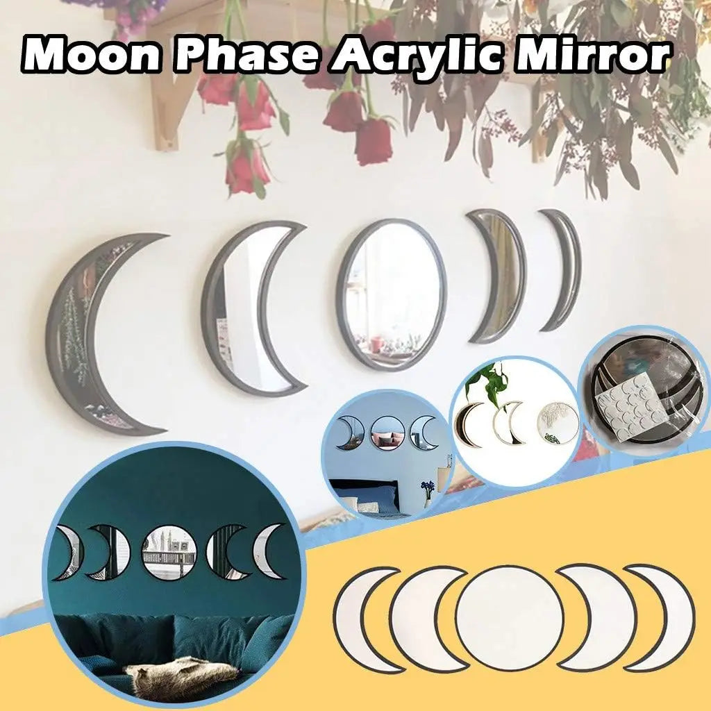 Scandinavian moon phase wall mirror set with product detail circles and installation preview