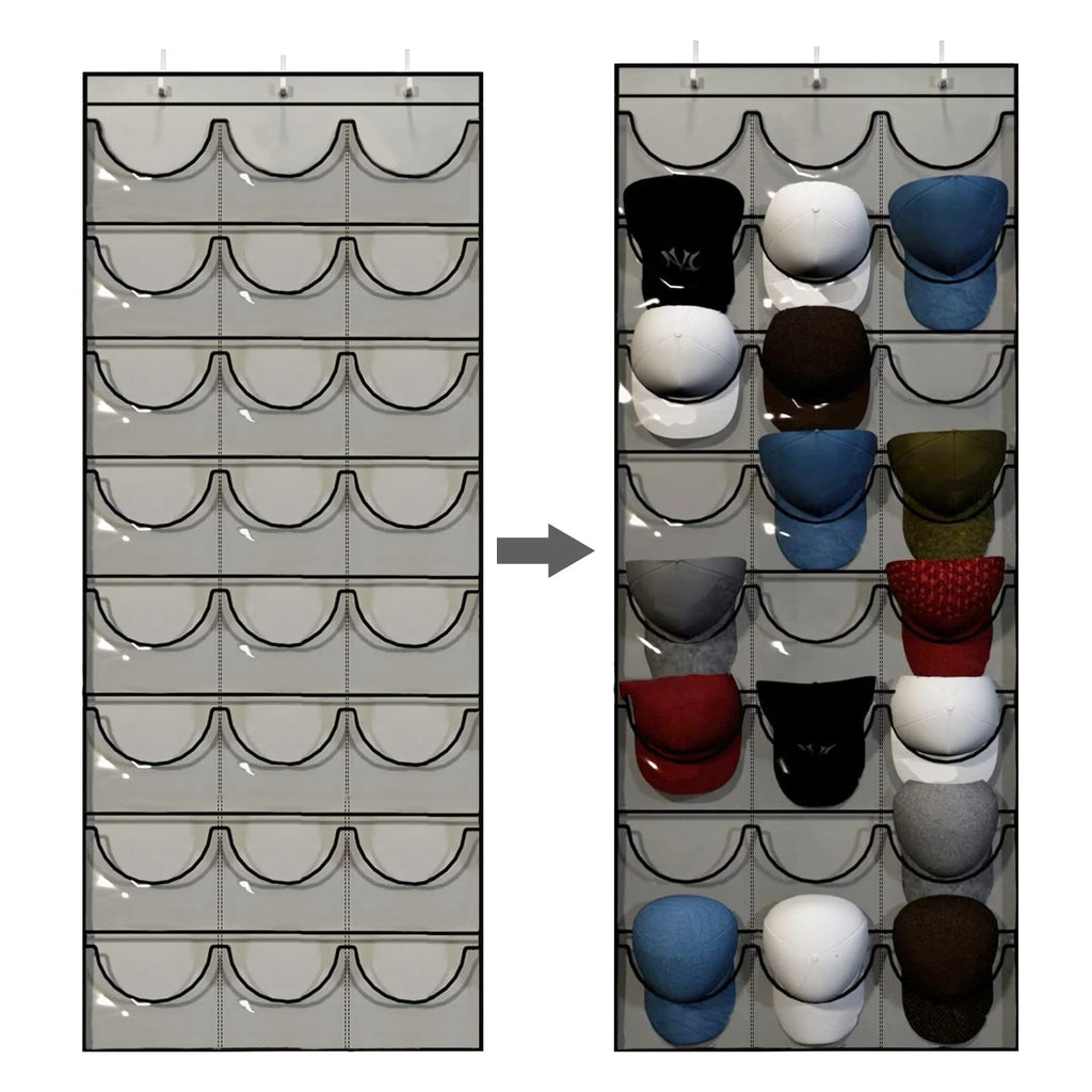 Over-door cap organizer showing empty and filled with baseball caps