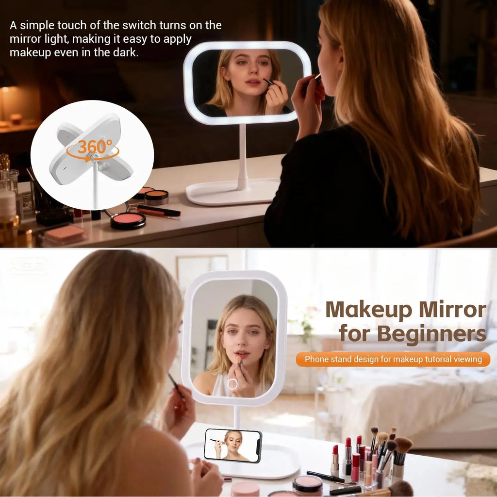 White Rechargeable Vanity Makeup Mirror with Touch Light & 270° Rotation for Bedroom or Bathroom