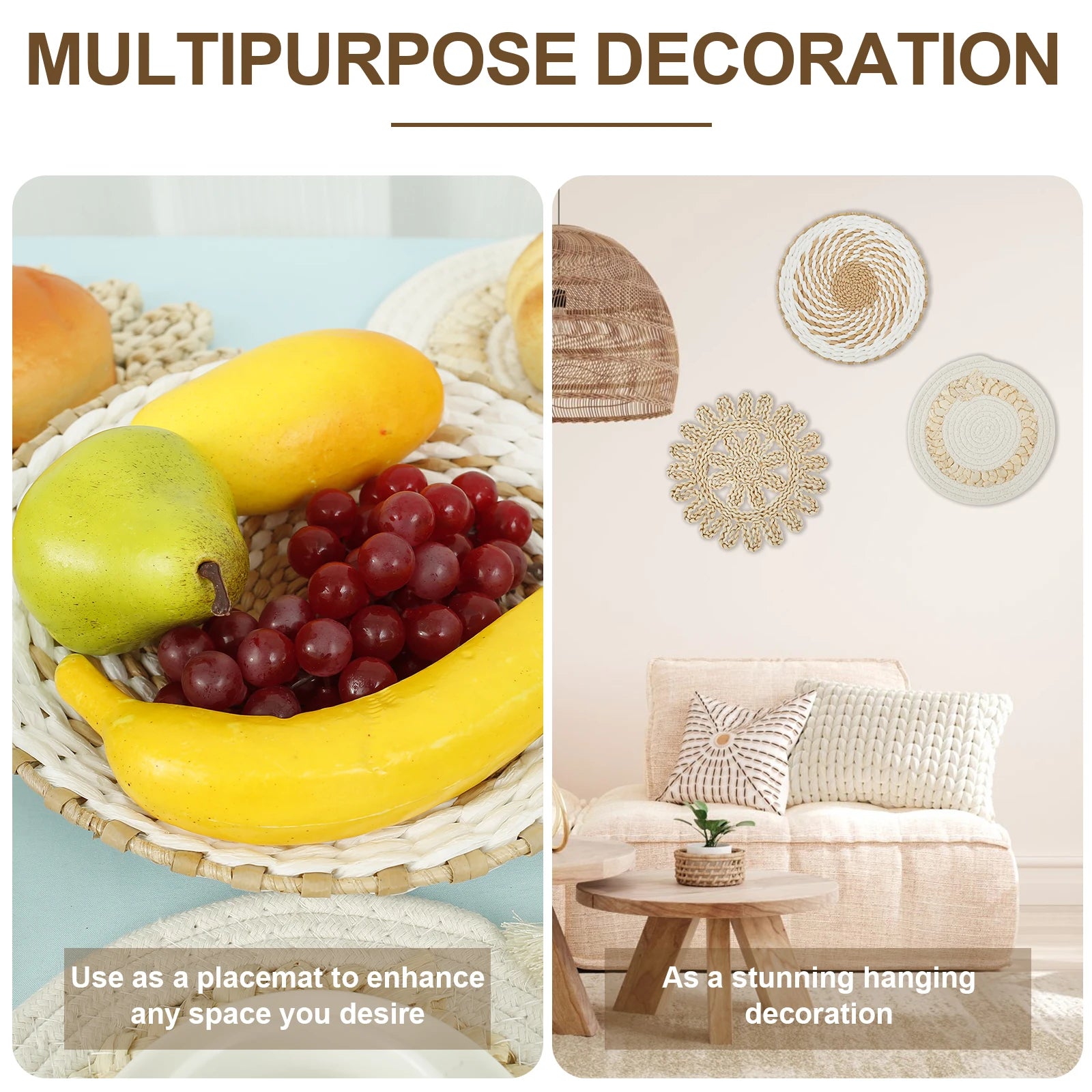 Woven basket used as a fruit placemat and as wall decor in a living space