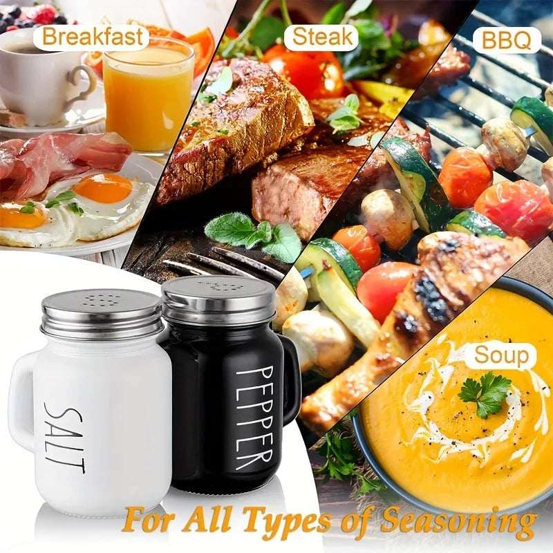 Glass salt and pepper shakers shown for breakfast, steak, BBQ and soup