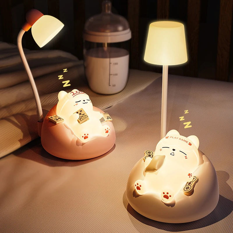 Lounging animal-shaped LED night lights on a bedside table, glowing softly
