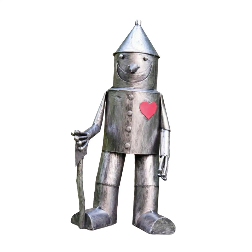 handmade tin man outdoor sculpture showing front and stick detail