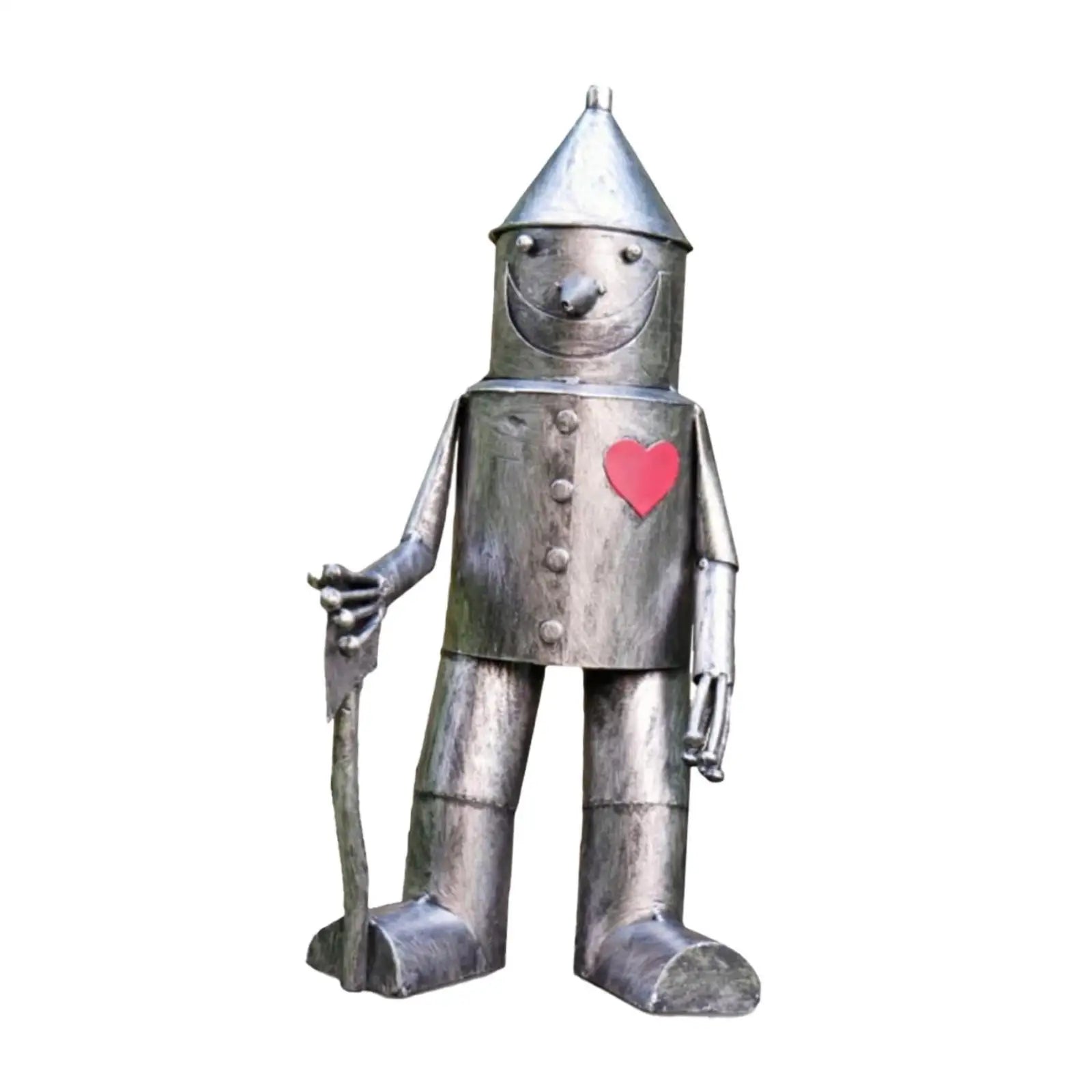 handmade tin man outdoor sculpture showing front and stick detail