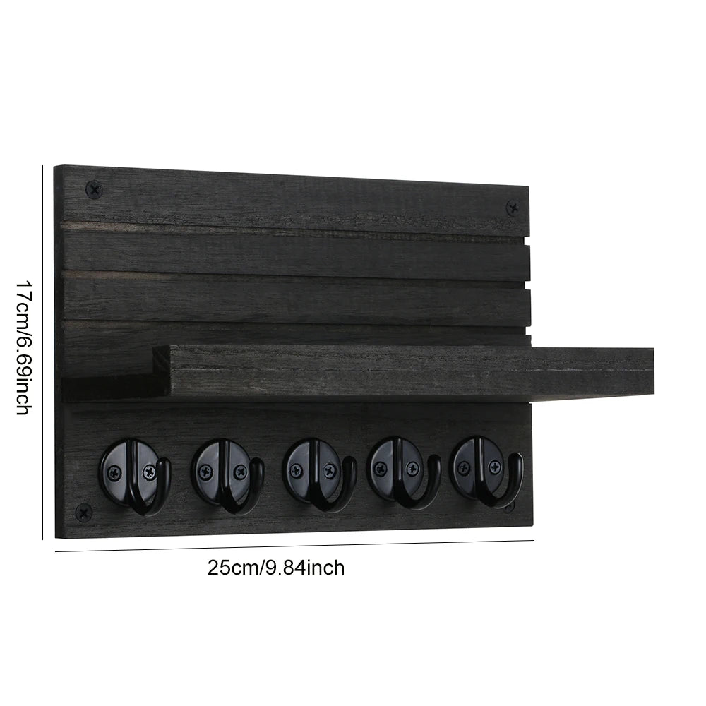 Wall-Mounted Wooden Key and Mail Holder Shelf with 5 Hooks for Entryway Organization