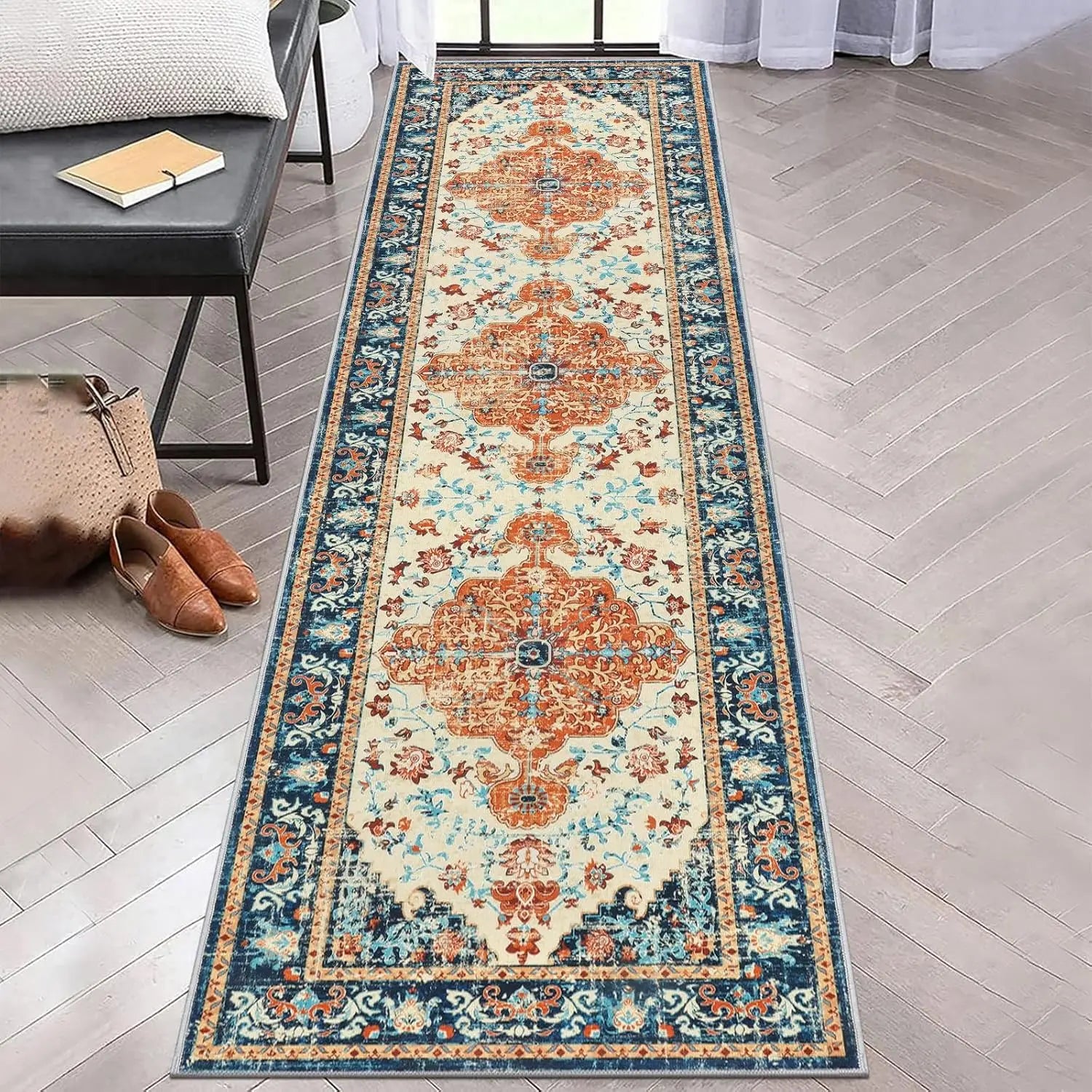 Boho Geometric Hallway Runner Rug – Non-Slip, Water Absorbent, Machine Washable, for Entryway, Kitchen & Laundry