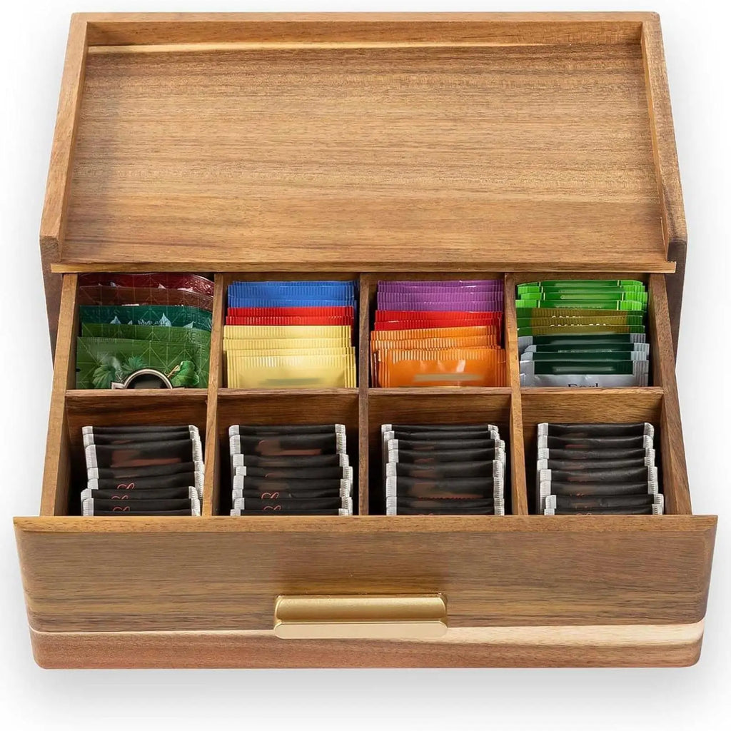 Wooden tea bag organizer box with pull-out drawer showing sorted tea bags