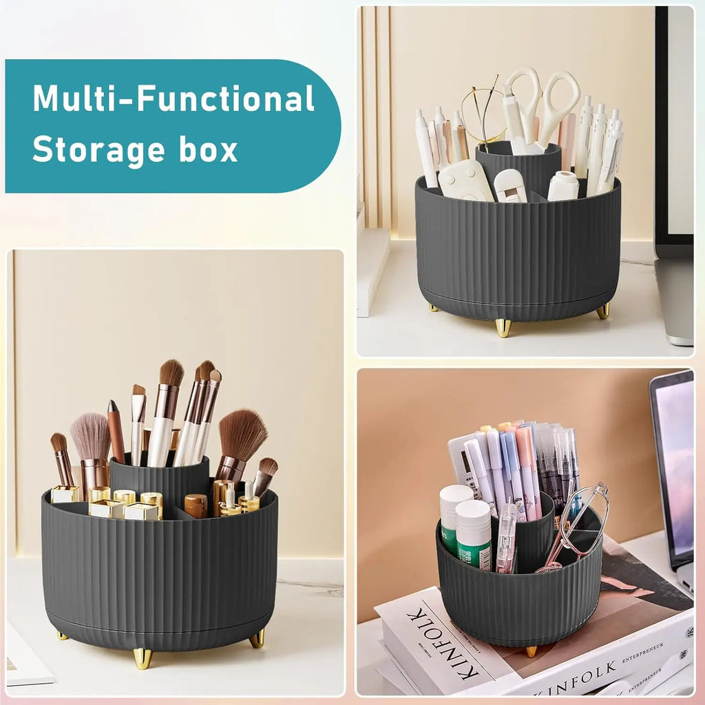 Black round organizer used for makeup, stationery, and accessories, displayed on vanity and desk