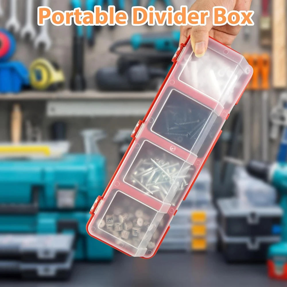 Hand holding vertical red organizer box with visible contents in each compartment