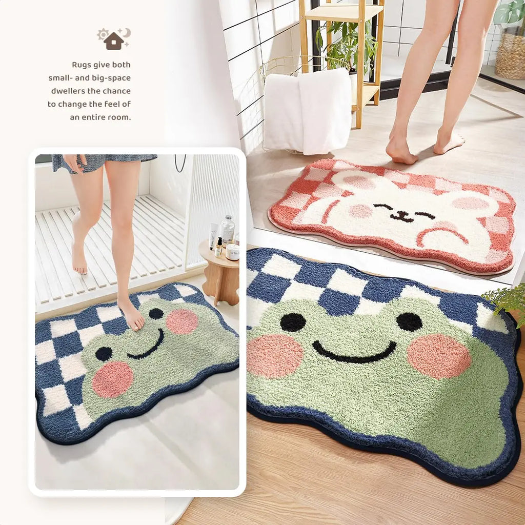 frog and rabbit animal bath mats styled in bathroom and on light wood floor