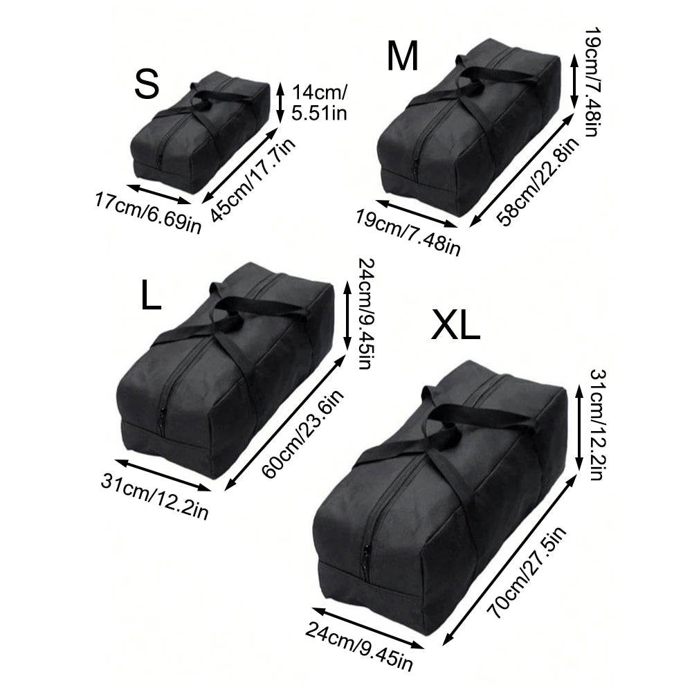 Oxford storage bags shown in four sizes with labeled dimensions in centimeters and inches