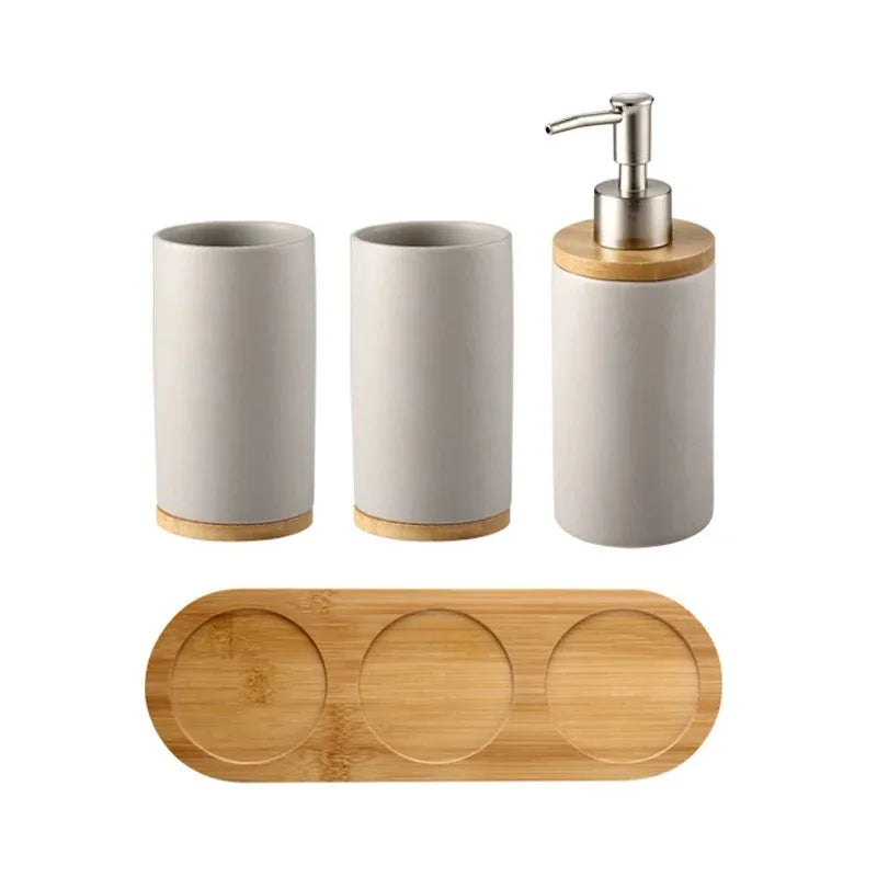 Arden Ceramic Bathroom Accessories Set with Wooden Tray – Modern Countertop Organizer for Soap and Toothbrush Storage