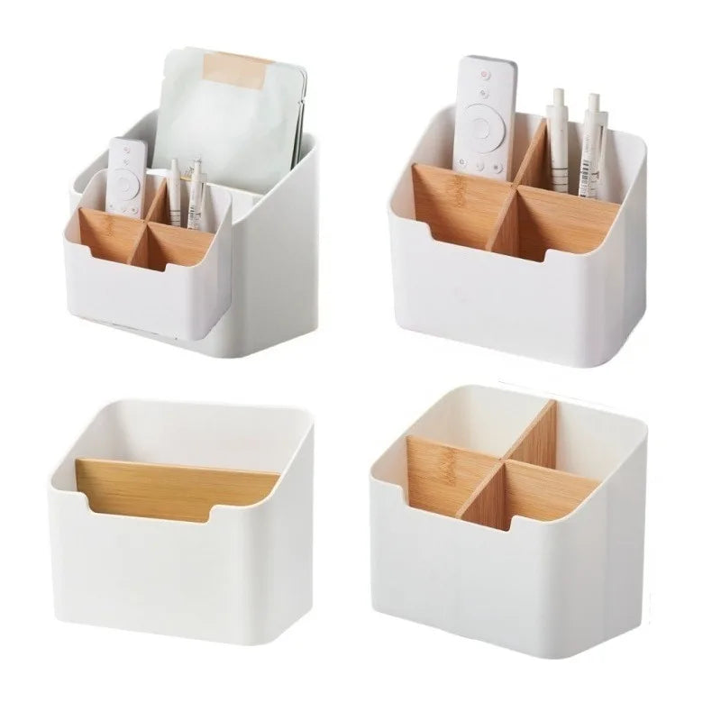 White storage box with wooden dividers, shown in two-compartment and four-compartment versions with remotes, pens, and small items organized.