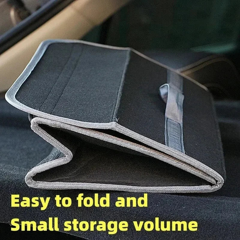 Folded felt organizer showing its compact storage size with text about easy folding