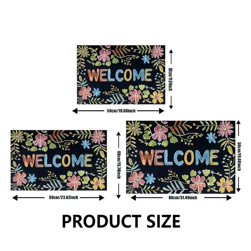 Three doormat sizes with illustrated welcome floral pattern and measurements