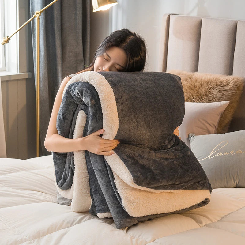 Person cuddling a folded sherpa fleece blanket in a cozy bedroom