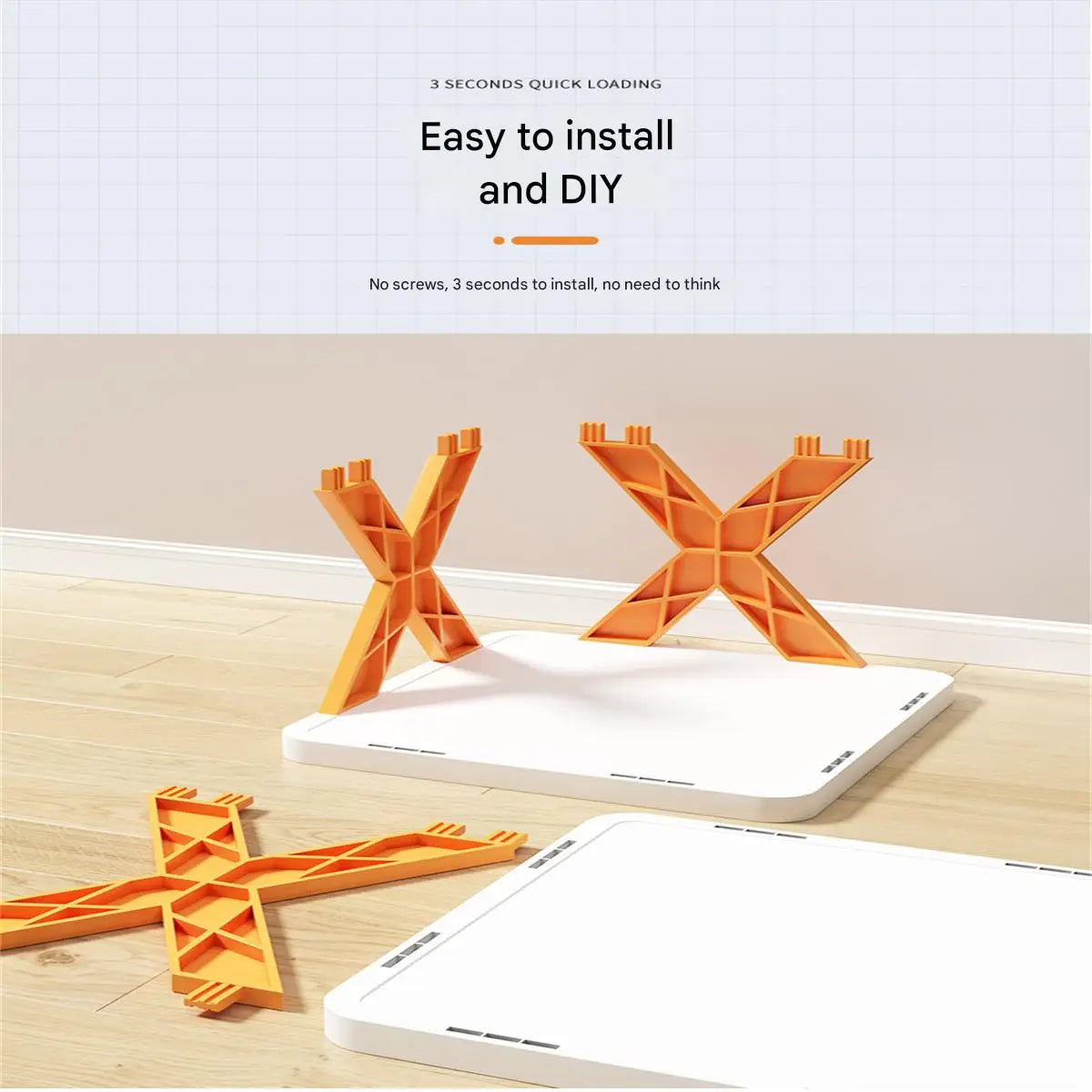 Plastic X-frame shoe rack parts and white shelves on wooden floor, showing simple DIY assembly
