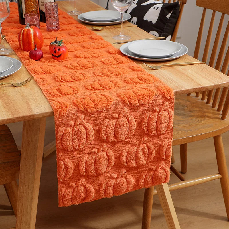 Textured Pumpkin & Ghost Halloween Table Runner for Fall Dining Room Decor – Orange, Caramel, or White