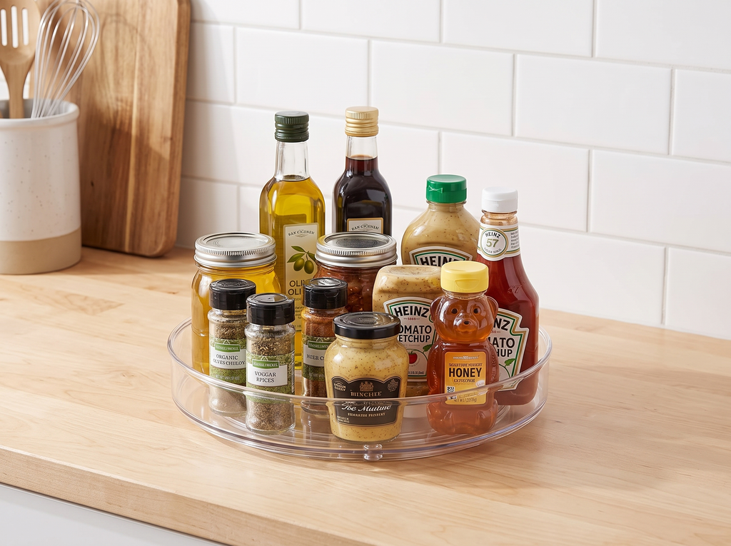 Clear Rotating Lazy Susan Turntable for Kitchen, Pantry, Fridge, or Countertop in a realistic home setting