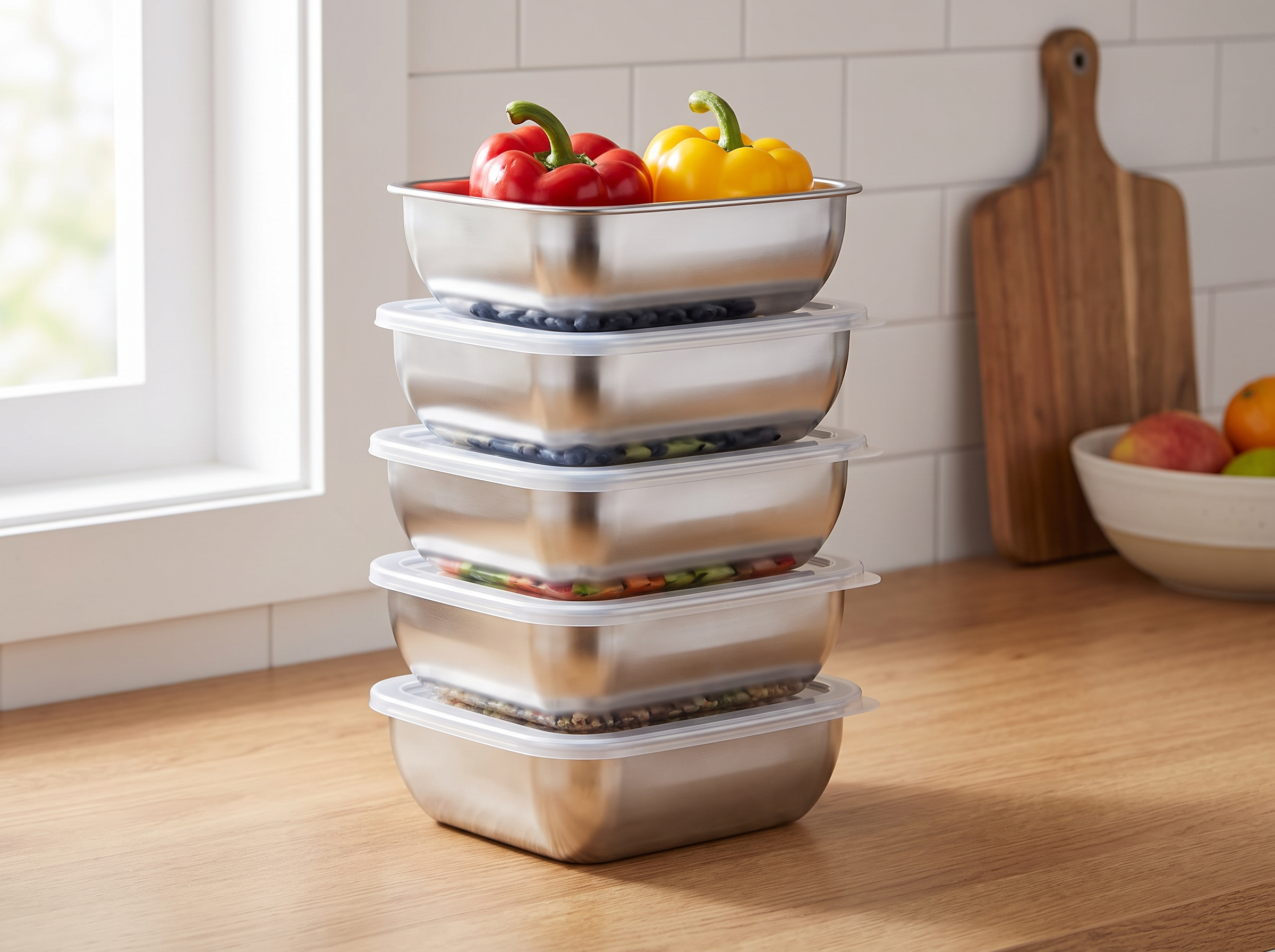Stackable Stainless Steel Food Storage Containers, Set of 5 in a realistic home setting